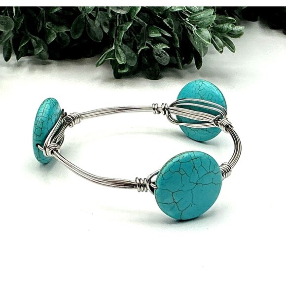 Wire Bangle Bracelet With Turquoise Disc Beads - Picture 1 of 4